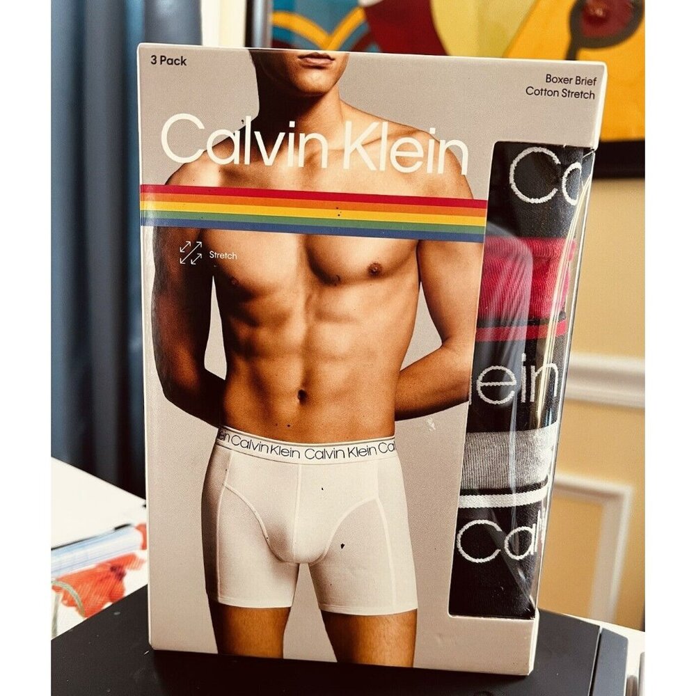 CALVIN KLEIN COTTON STRETCH BOXER BRIEF 3 PACK CHARCOAL, BLACK, RED - MENS M